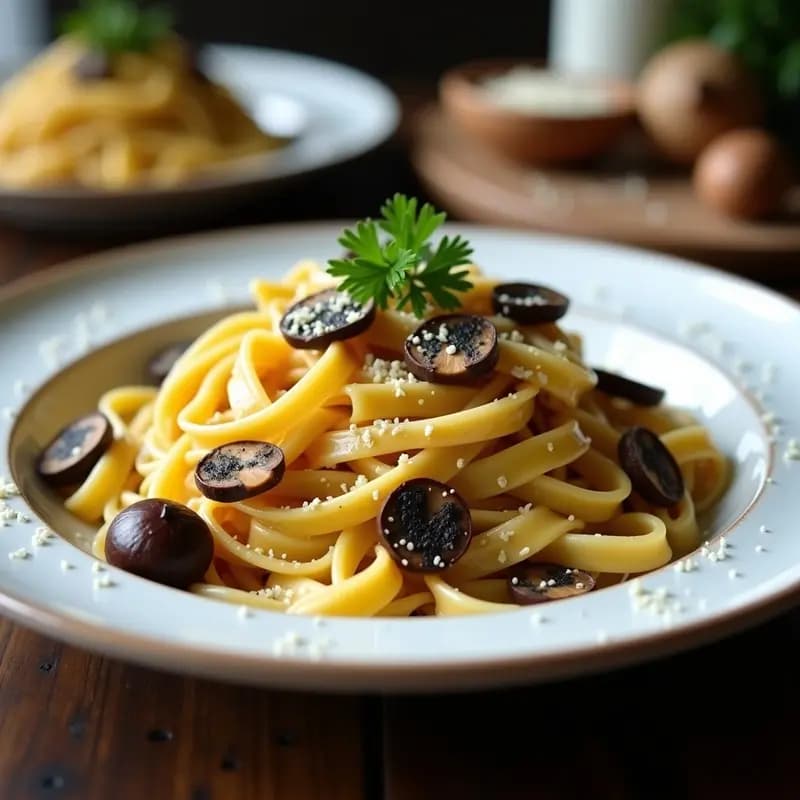 Plato de porcelana blanca con Tagliatelle al Tartufo y Hongo Porcini, bañados en una salsa sedosa de color crema, decorados con láminas de trufa negra y perejil fresco, sobre un mantel rústico de lino.