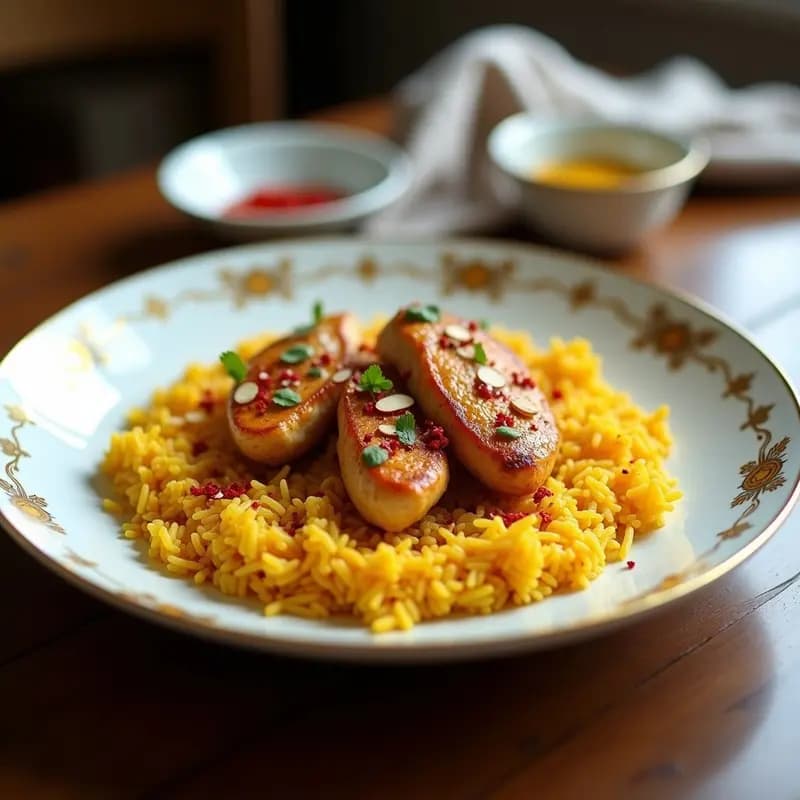 Plato dorado con Tah Dig Persa: arroz basmati crujiente en la base, trozos de pollo marinado en especias y azafrán, decorado con pistachos picados y hebras de azafrán. Textura contrastante entre el arroz dorado y el pollo tierno.