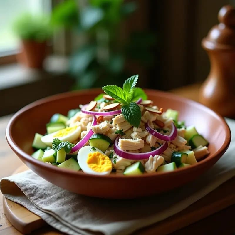 Ensalada Tahaa Salata iraquí servida en un bol de barro: pollo desmenuzado, yogur cremoso, cebolla morada, pimiento verde, pepino y huevo duro, decorada con menta fresca, cilantro y almendras tostadas sobre un fondo rústico.
