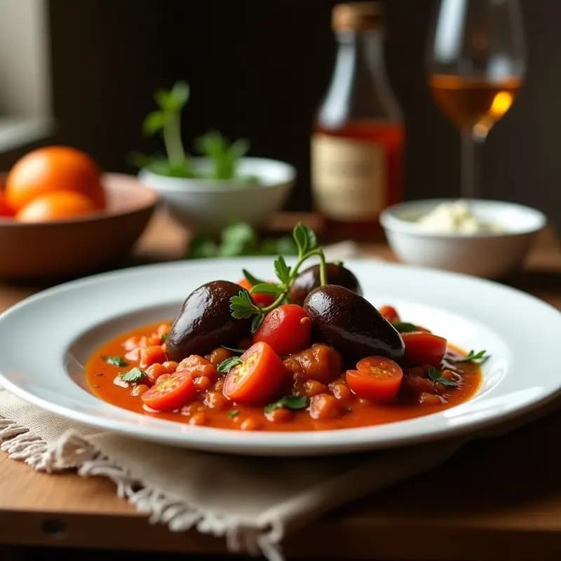 Estofado Tahchee persa vegano en olla lenta: berenjenas asadas en rodajas gruesas bañadas en salsa de tomate especiada con sumac y azafrán, decorado con almendras fileteadas y cilantro fresco sobre un plato de cerámica blanca con fondo rústico.