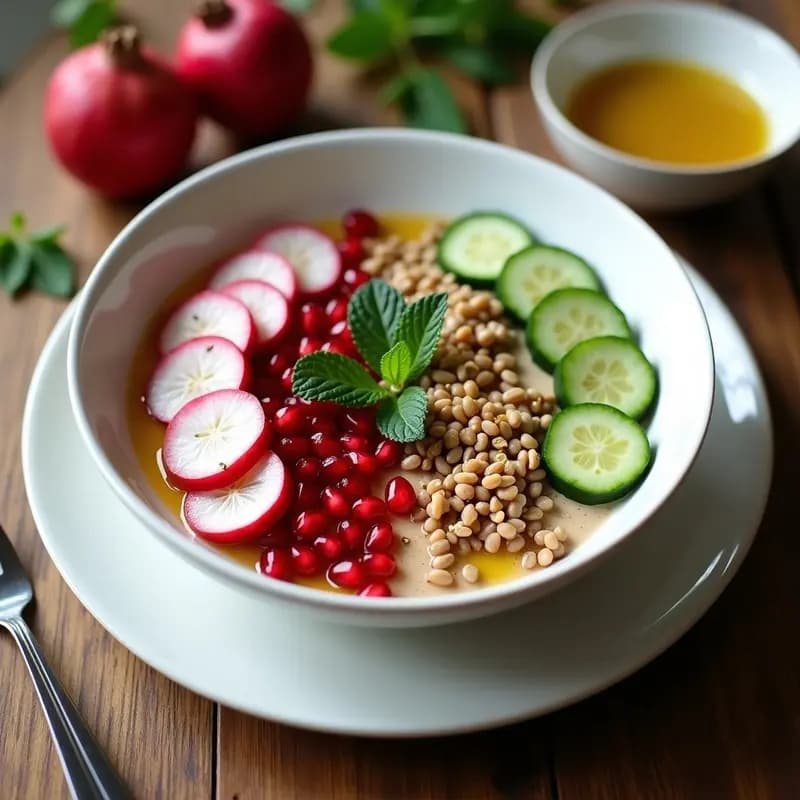 Bowl hondo de cerámica blanca con base cremosa de tahini y yogur, cubierto con semillas de granada rojas, rodajas de rábano rojo, cubos de pepino, germinados de lentejas y semillas de sésamo. Bañado en vinagreta de limón brillante, decorado con hojas de menta fresca. Desayuno libanés alto en proteína.