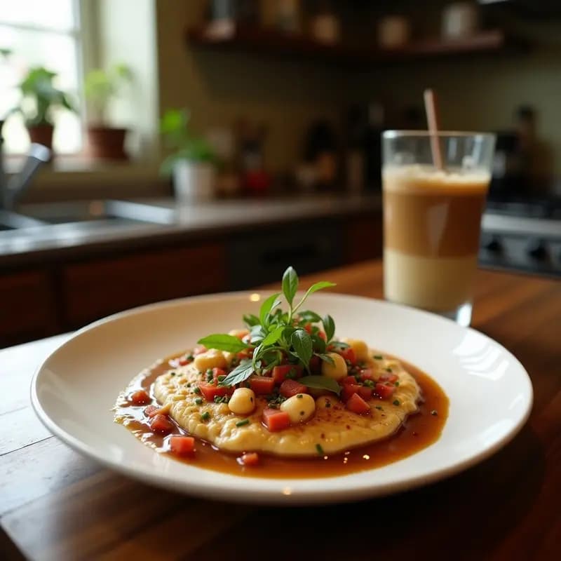 Tarro de vidrio transparente con tahini de café y dátiles sin azúcar, crema espesa de color beige oscuro con vetas, decorado con semillas de sésamo y una cucharita de madera. Plato rústico de fondo con pan integral tostado y rodajas de manzana.