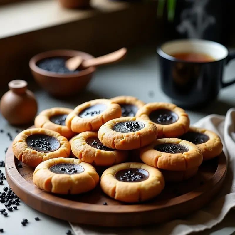 Tahini Cookies de Sésamo Negro dispuestas en una bandeja de madera rústica, con semillas de sésamo negro brillantes por encima. Galletas doradas, crujientes y con textura irregular, acompañadas de un tazón de crema de sésamo y una taza de té negro. Receta keto y sin azúcar.