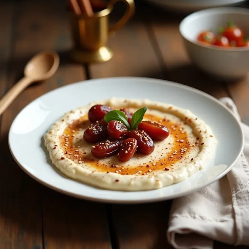 Bol pequeño de cerámica blanca con tahini cremoso mezclado con dátiles troceados y canela, espolvoreado con semillas de sésamo tostadas. Desayuno libanés energético servido sobre una mesa de madera con una cuchara de madera.