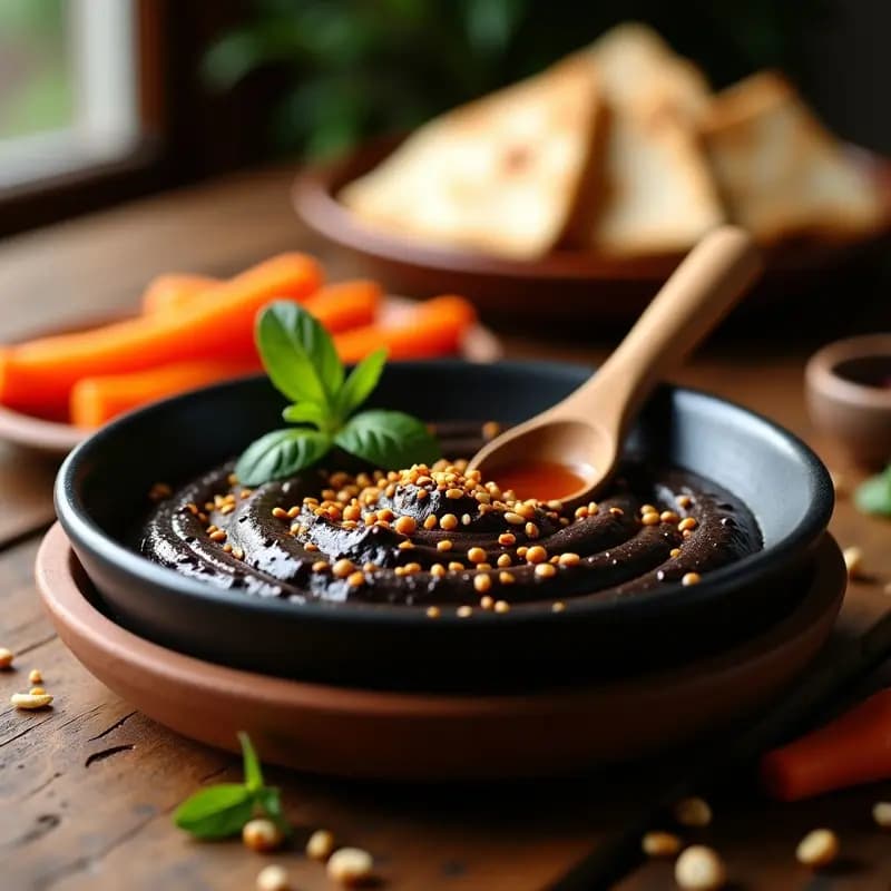 Bol de barro oscuro con tahini de garbanzo negro cremoso, decorado con semillas de sésamo tostadas, miel de dátil y pimentón ahumado, acompañado de bastones de zanahoria y pan de pita integral.