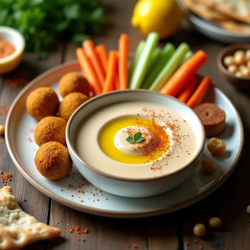 Bol de cerámica blanca con tahini de garbanzos y limón cremoso, decorado con hilo de aceite de oliva y pimentón dulce, acompañado de falafel dorado y bastones de zanahoria, apio y pepino. Plato libanés vegano y sin gluten.