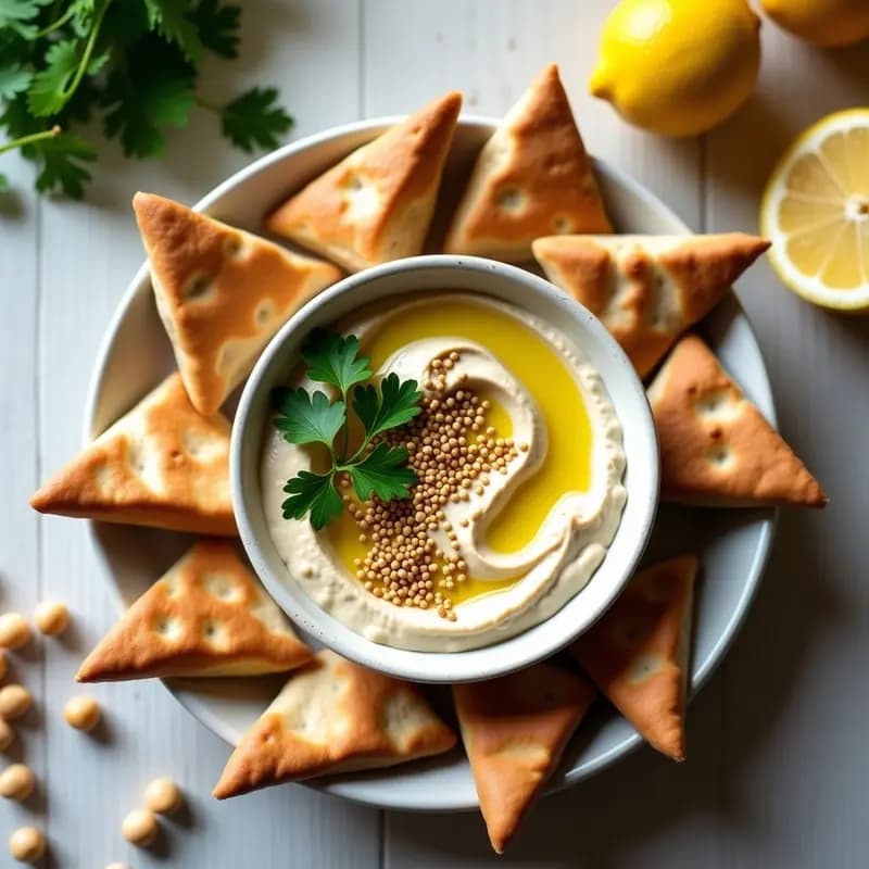 Bol de cerámica blanca con tahini de garbanzos y limón cremoso, decorado con garbanzos enteros, perejil picado y semillas de sésamo. Acompañado de pan de pita integral tostado y rodajas de limón fresco sobre una mesa de madera rústica con especias árabes al fondo.