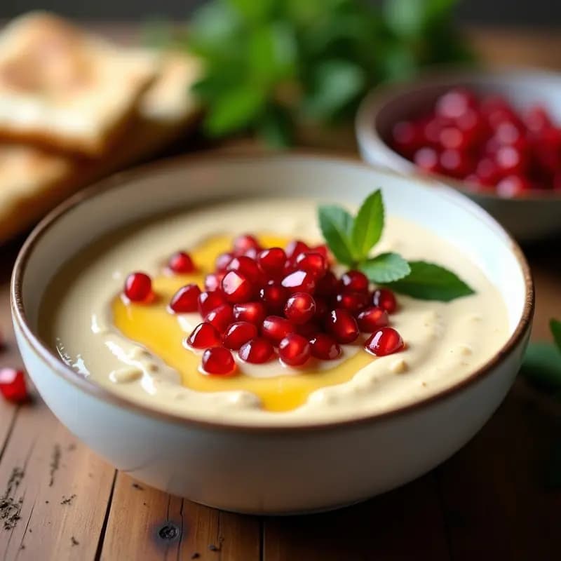 Bol de cerámica blanca con salsa cremosa de tahini, salpicada de semillas de granada rojas brillantes y hojas de menta fresca. Fondo rústico con pan de pita tostado y crudités de zanahoria y apio para acompañar. Receta de tahini con granada y miel, salsa libanesa dulce y salada.