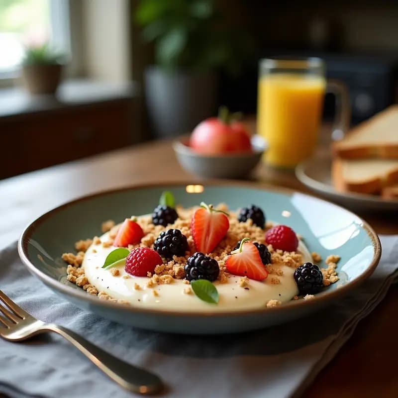Bol hondo de cerámica blanca con crema de tahini espesa, coronada con granola keto dorada, nueces de pecana tostadas y anacardos. Texturas crujientes y cremosas en un desayuno libanés sin azúcar y keto, con un fondo rústico y especias visibles.