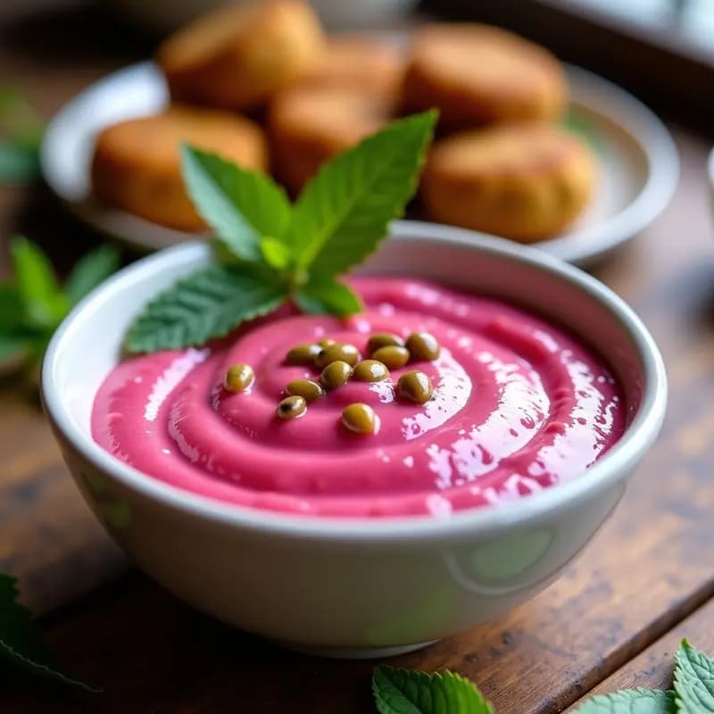 Bol de cerámica blanca con tahini de remolacha y granadilla, salsa rosa vegana cremosa, decorada con semillas de granada y un chorrito de aceite de oliva. Fondo con falafel dorado y hojas de menta fresca.