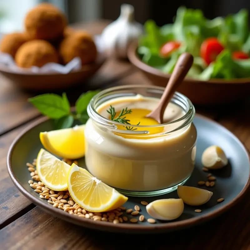 Frasco de vidrio transparente con tahini de sésamo casero cremoso, rodeado de semillas de sésamo, rodajas de limón y dientes de ajo. Salsa de Oriente Medio para falafel y ensaladas, con textura sedosa y color beige claro.