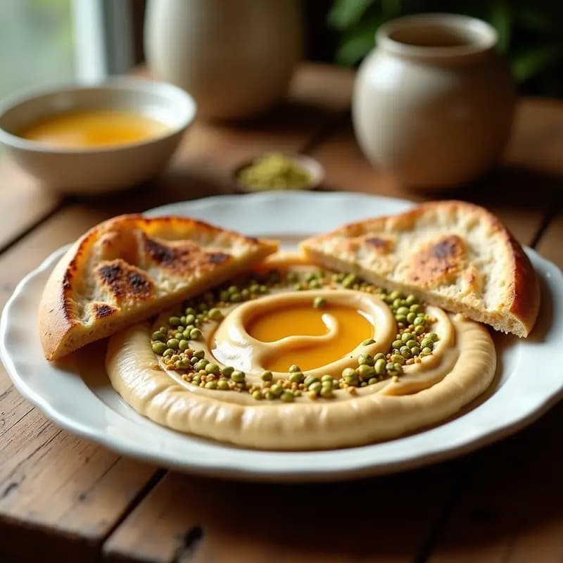 Plato blanco con tahini cremoso de sésamo y miel, espolvoreado con semillas de sésamo tostado y pistachos picados. Acompañado de pan de pita integral tostado y dorado, listo para mojar. Desayuno árabe dulce y salado.