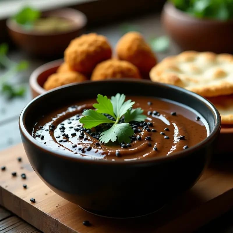 Tarro de vidrio transparente lleno de tahini de sésamo negro con ajo asado, textura cremosa y color oscuro, decorado con semillas de sésamo negro y hojas de menta fresca. Plato de falafel dorado y trozos de pan pita al lado, con fondo rústico de madera.