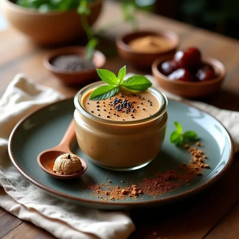 Frasco de vidrio transparente con tahini de sésamo negro y miel de dátil, textura cremosa y color oscuro, rodeado de dátiles frescos, semillas de sésamo negro y una cuchara de madera con un poco de salsa. Fondo rústico con telas de lino beige y especias como cardamomo y canela.