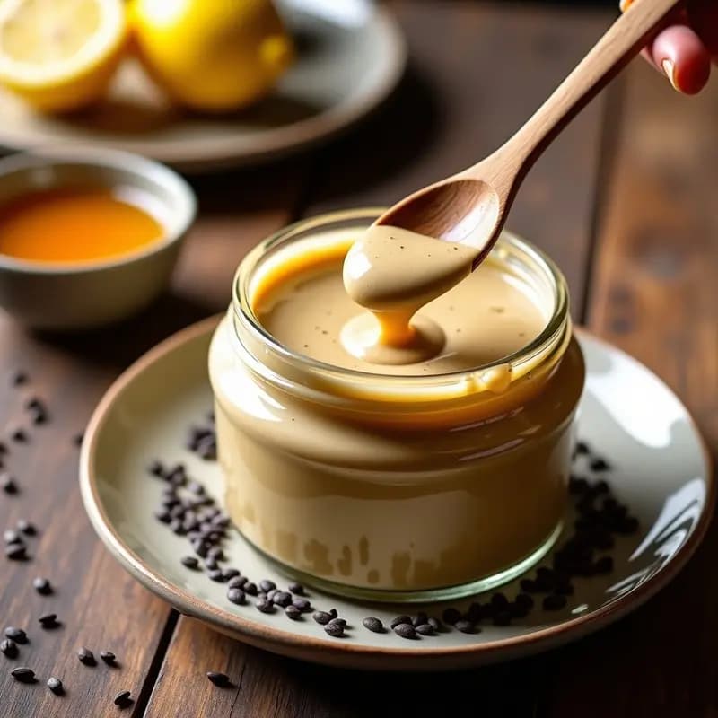 Tarro de vidrio transparente con tahini de sésamo negro cremoso, espolvoreado con levadura nutricional y un hilo de miel dorada. Acompañado de bastones de zanahoria, apio y pan de pita tostado sobre una tabla de madera oscura. Receta de tahini de sésamo negro con miel y levadura nutricional, alta en proteína.