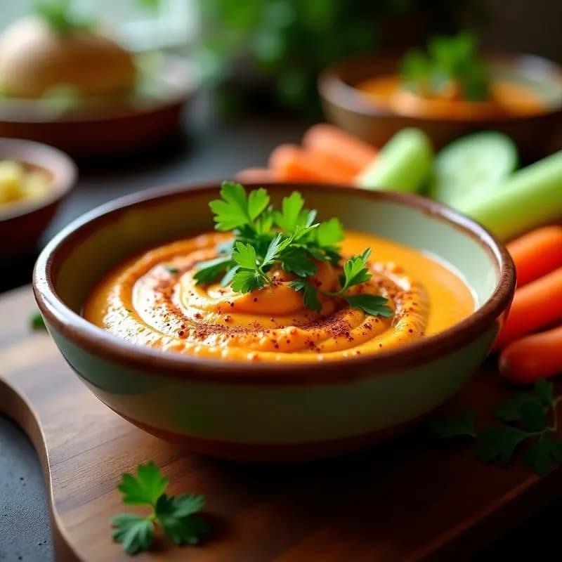 Bol de cerámica blanca con tahini de zanahoria asada y comino, textura cremosa y color naranja terroso, decorado con rodajas de zanahoria asada, perejil picado y un hilo de aceite de oliva. Acompañado de crudités de apio, pepino y rábanos en una tabla de madera rústica.