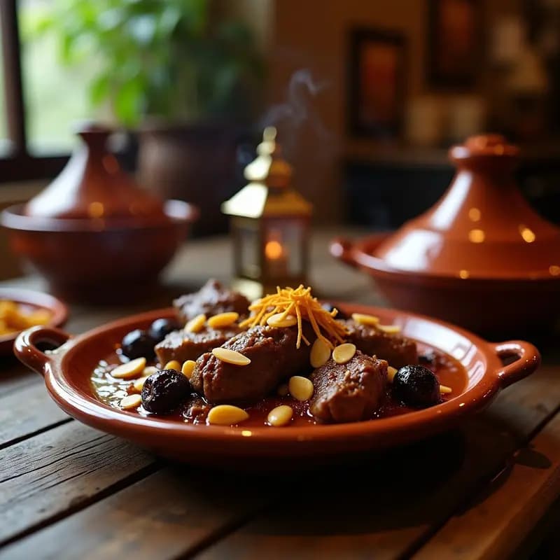 Tagine de barro con Tahmakt Mchermel: trozos de cordero dorado bañados en salsa espesa con ciruelas pasas oscuras y almendras tostadas, decorado con hebras de azafrán y servido sobre una mesa rústica de madera.