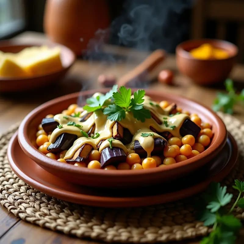 Tajín marroquí vegano en plato de barro con rodajas de berenjena asada dorada, garbanzos crujientes, salsa de tahini cremosa, hierbabuena fresca y almendras fileteadas, servido sobre un mantel rústico con especias al fondo.