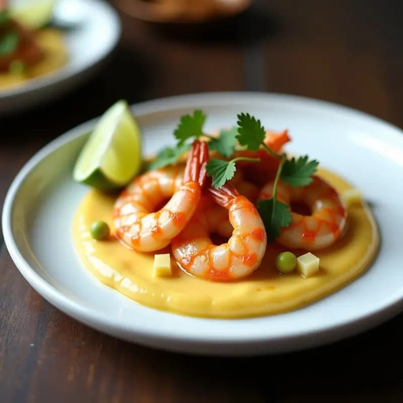 Plato blanco elegante con Tajín de Camarones dorados sobre puré de chirimoya cremoso, decorado con cubos de chirimoya y cilantro fresco. Receta peruana gourmet casera.