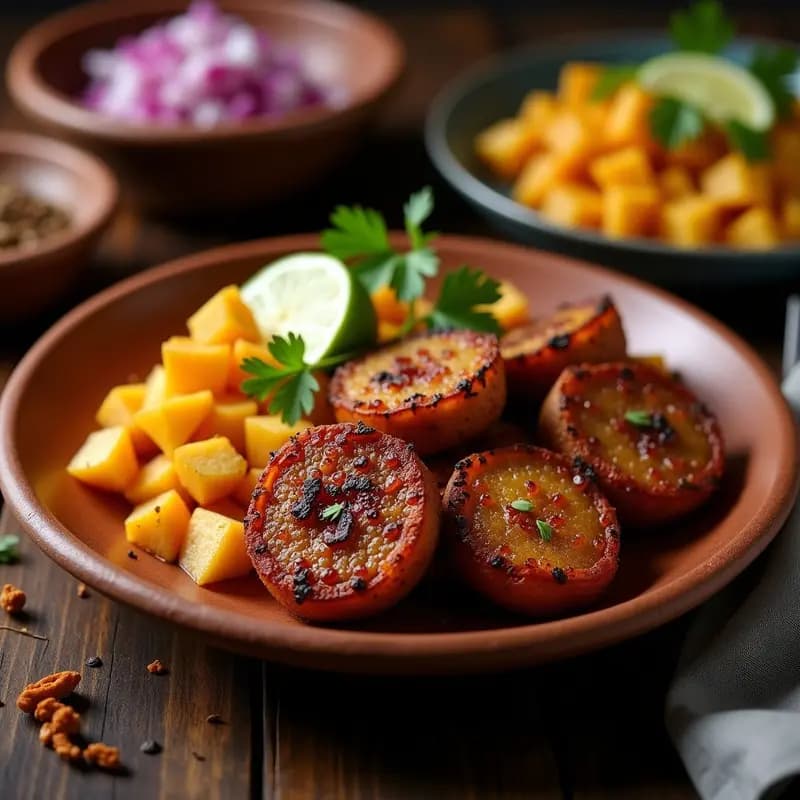 Plato de tajín de chinchulines dorados y crujientes con papas en cubos dorados, servido en un plato de barro rústico con cebolla morada y culantro fresco. Receta peruana crujiente en Airfryer.