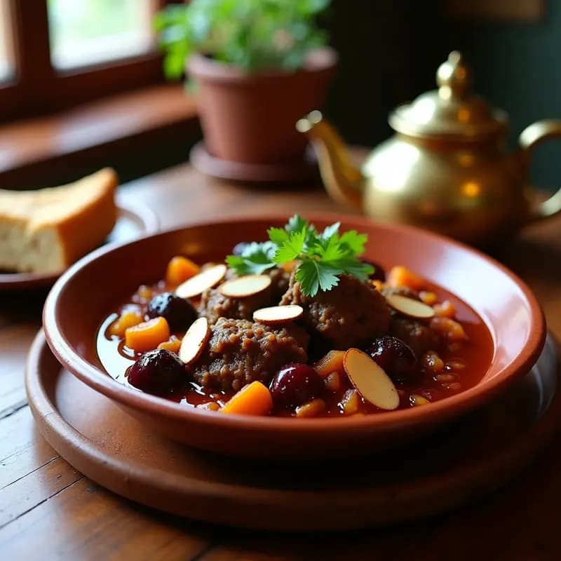 Tajín de cordero con ciruelas secas y especias bereberes servido en un plato de barro rústico, con trozos de carne dorada, ciruelas brillantes y almendras tostadas, rodeado de cilantro fresco y pan marroquí.