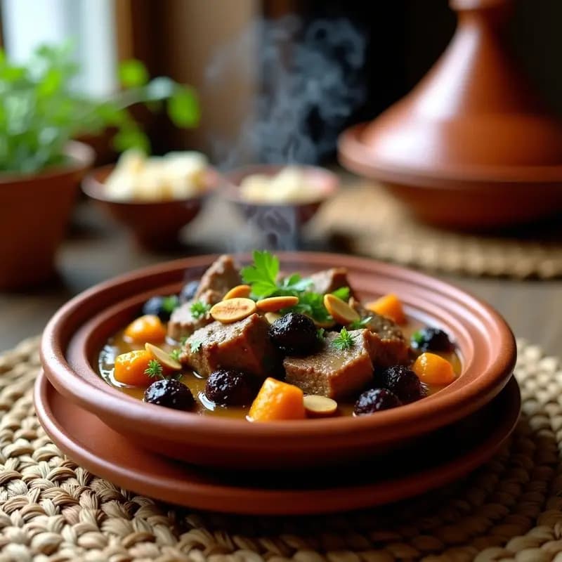 Tajín de cordero con ciruelas en tagine de barro, carne tierna bañada en salsa espesa con ciruelas pasas y almendras tostadas, decorado con cilantro fresco y limón confitado, receta marroquí de lento cocinado con especias exóticas.