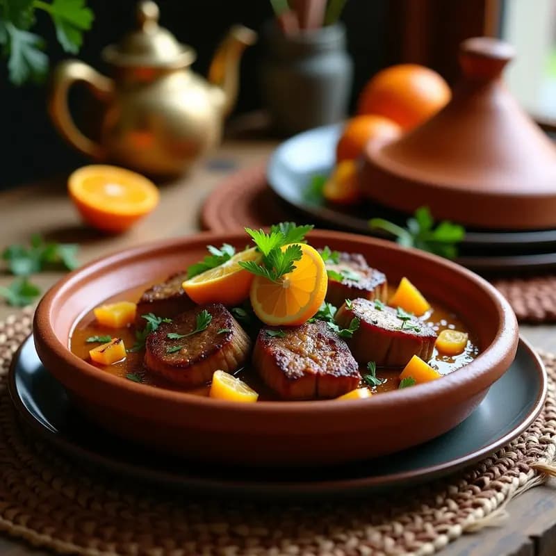 Tajín de Cordero con Cítricos y Almendras servido en cazuela de barro rústica, con trozos dorados de carne, gajos de naranja amarga, limón confitado y almendras tostadas espolvoreadas, acompañado de perejil fresco.