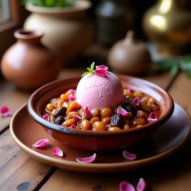 Plato de tajín de barro con pasas y almendras caramelizadas calientes, coronado por una bola de helado de rosa cremoso y decorado con pétalos de rosa comestibles y semillas de cardamomo. Postre marroquí de contrastes dulces y especiados.