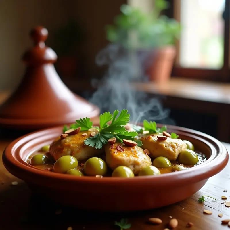 Tajín marroquí de pollo dorado con alcachofas tiernas y aceitunas verdes en olla de barro rústica, decorado con almendras tostadas y cilantro fresco.