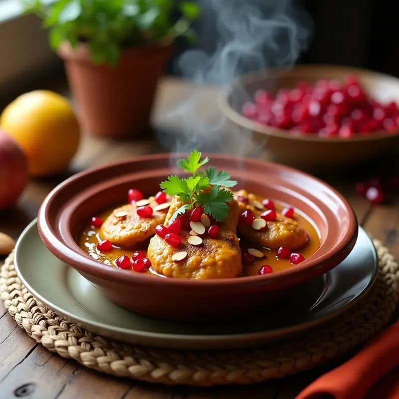 Tajín de pollo con almendras y granadas en una olla de barro, con semillas rojas de granada y almendras doradas tostadas, especias visibles y cilantro fresco. Plato tradicional marroquí sweet y salado.