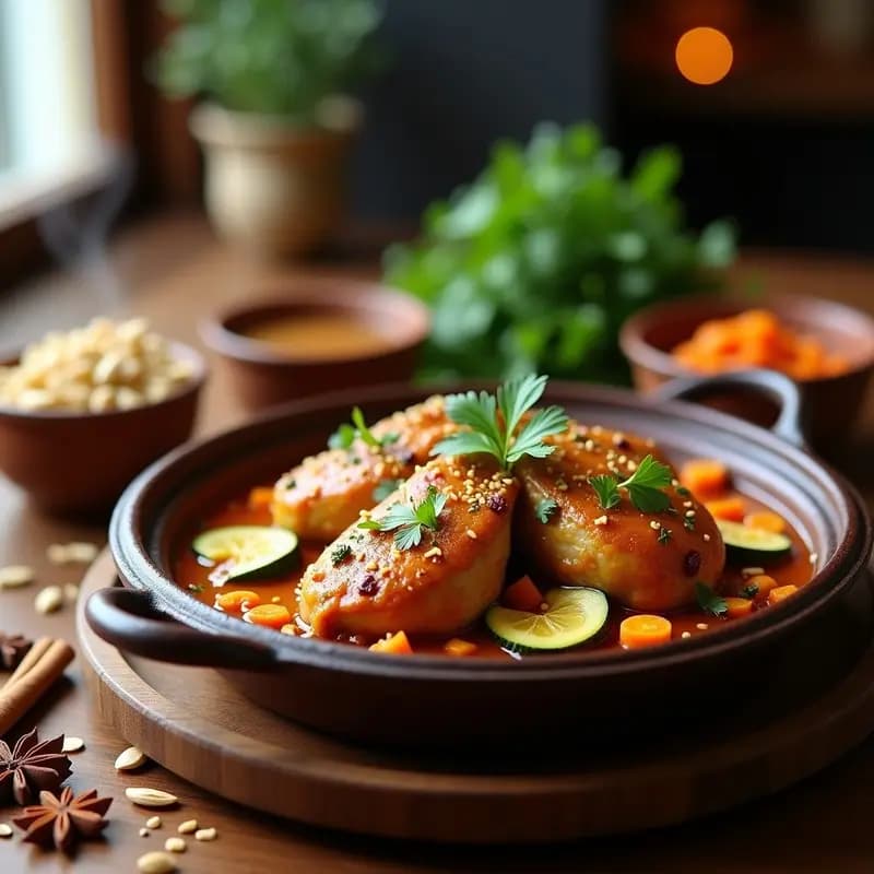 Tajín de pollo con especias marroquíes en olla de hierro, pollo dorado bañado en salsa espesa con trozos de calabacín, zanahoria y almendras tostadas, decorado con cilantro fresco.