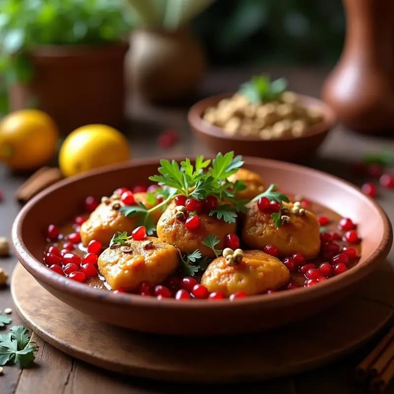 Tajín de pollo marroquí en plato de barro con trozos dorados de pollo, pistachos y nueces tostados, semillas de granada rojas brillantes y cilantro fresco, servido sobre un mantel rústico con especias al fondo.