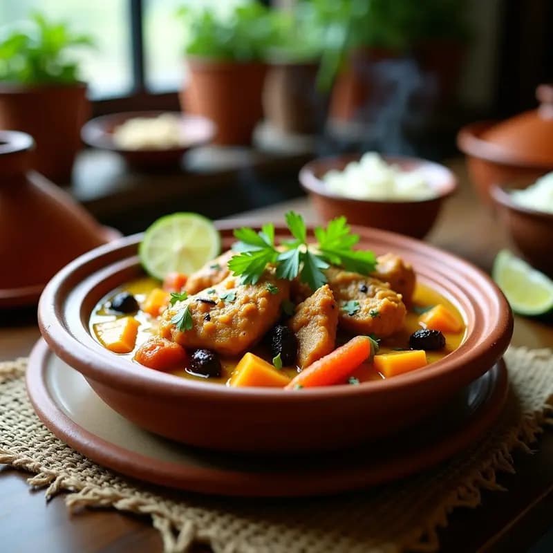 Cazuela de barro humeante con Tajín de Pollo con Lima y Especias Marroquíes, rodeado de rodajas de lima, cilantro fresco y aceitunas verdes, servido sobre una mesa rústica de madera.