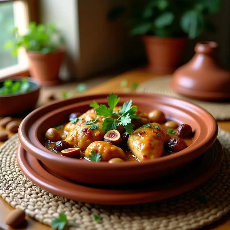 Tajín de Pollo al Estilo Marrakech en cazuela de cerámica marrón, con muslos de pollo dorados, higos negros y dátiles brillantes, almendras tostadas espolvoreadas, y especias como azafrán y canela visibles. Plato tradicional marroquí con frutas secas y almendras.