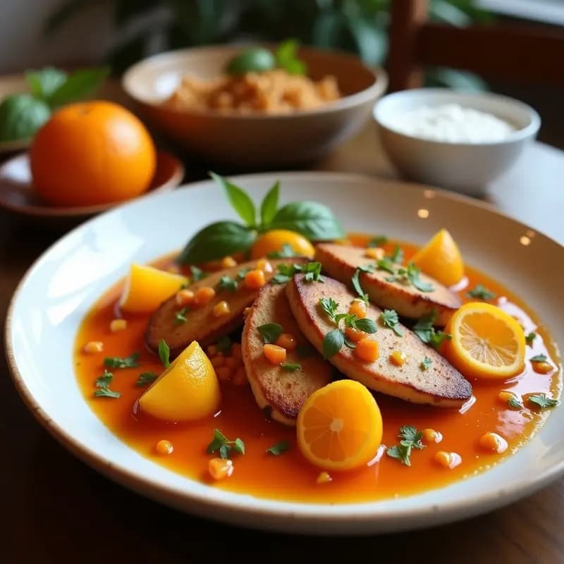 Tajín de pollo con naranjas sanguinas y especias bereberes servido en un plato hondo de barro. El pollo dorado se acompaña de gajos de naranja sanguina, zanahorias, cebolla morada y almendras tostadas, bañado en una salsa espesa y brillante. Decorado con cilantro fresco y especias visibles al fondo.