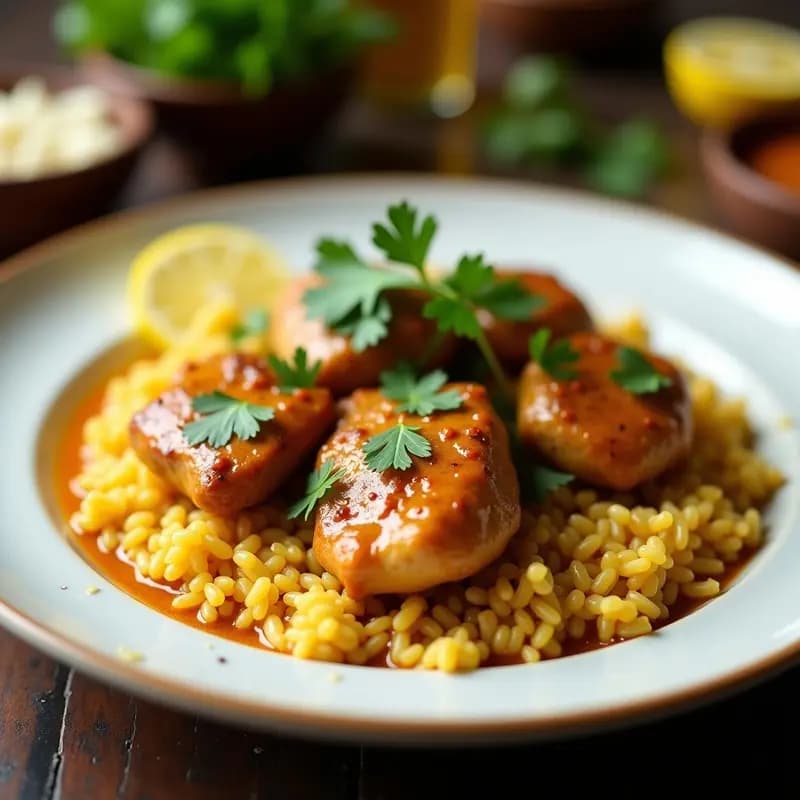Tajín de Pollo al Satay con Arroz Basmati servido en un plato hondo de cerámica blanca. Pollo dorado en trozos cubierto por una salsa cremosa de color beige con vetas de especias, acompañado de arroz basmati esponjoso y amarillento por el azafrán. Decorado con hojas de cilantro fresco y rodajas de limón al lado. Receta persa en olla exprés.