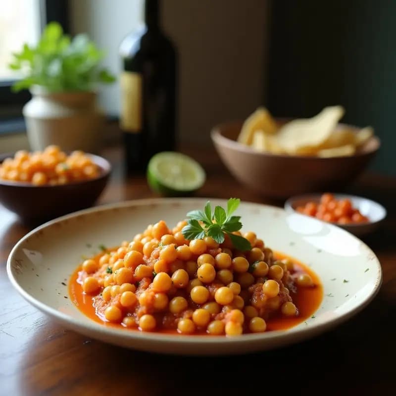 Tajine de barro tradicional con Alcachofas y Garbanzos en salsa especiada, coronado con preserved lemon picado, almendras tostadas y cilantro fresco. Receta marroquí en olla lenta, servido en plato de cerámica azul con pan khobz al lado.