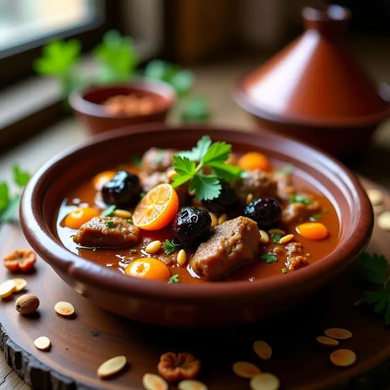 Tajín de cordero con ciruelas y albaricoques en olla de barro marrón, con trozos de carne tierna bañados en salsa espesa oscura, ciruelas pasas y albaricoques secos brillantes, espolvoreado con almendras tostadas y cilantro fresco verde, sobre fondo rústico de madera.