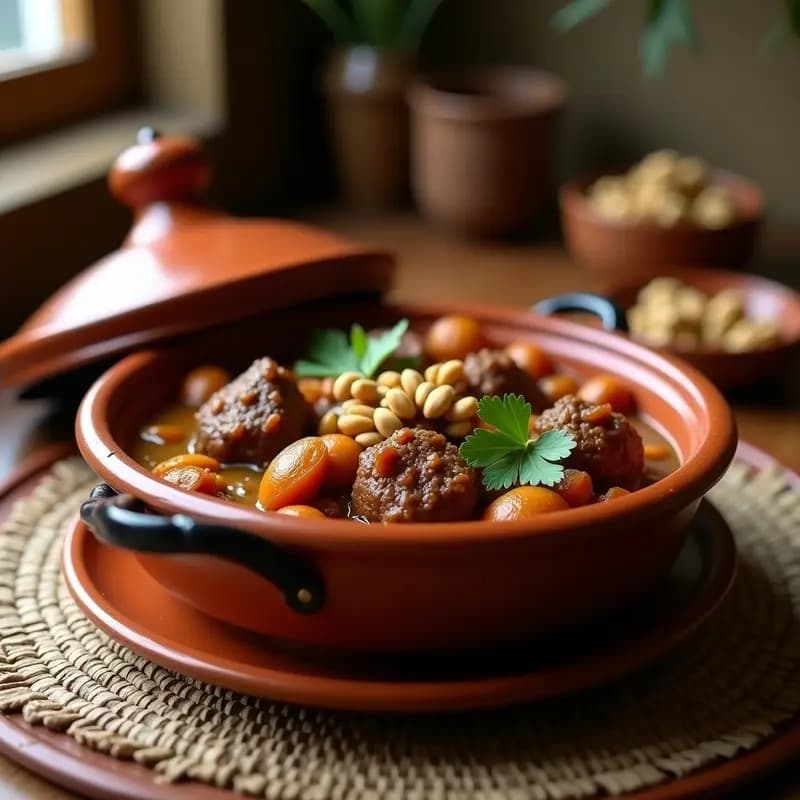 Tajín de cordero con ciruelas y nueces servido en olla de barro tradicional marroquí, con trozos tiernos de carne, ciruelas pasas doradas y nueces tostadas, decorado con cilantro fresco. Plato humeante sobre fondo rústico de madera.