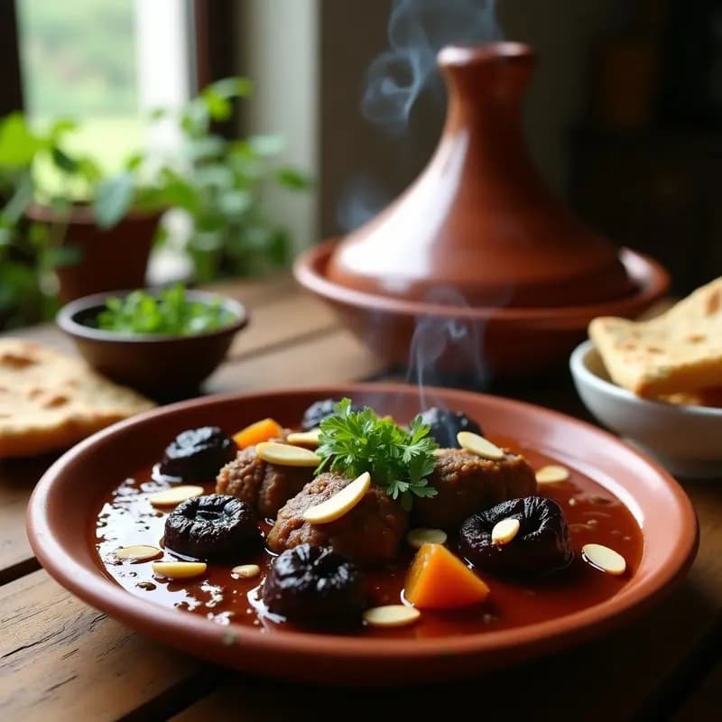 Tajín de cordero con ciruelas en olla de barro rústica, carne tierna bañada en salsa espesa con ciruelas pasas, almendras tostadas y cilantro fresco, servido sobre mesa de madera con pan de pita al lado.