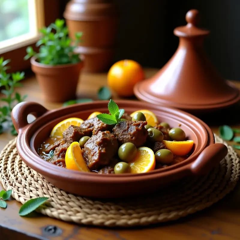 Tajine de cordero con cítricos en olla de barro tradicional, con trozos tiernos de cordero, gajos de naranja amarga, aceitunas verdes y almendras tostadas, servido sobre un mantel rústico con decoración marroquí.