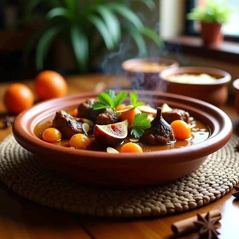 Tajine de cordero con higos y albaricoques en plato hondo de barro, con salsa espesa y dorada, decorado con almendras tostadas, cilantro fresco y limón confitado. Estofado marroquí lento y aromático.