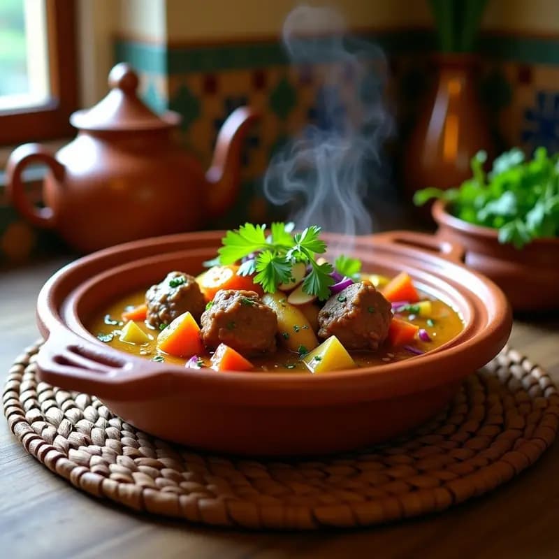 Tajín de cordero marinado con limón y cilantro servido en una catedral de barro marroquí, con trozos tiernos de carne bañados en salsa dorada, zanahorias glaseadas y decorado con cilantro fresco y almendras tostadas.