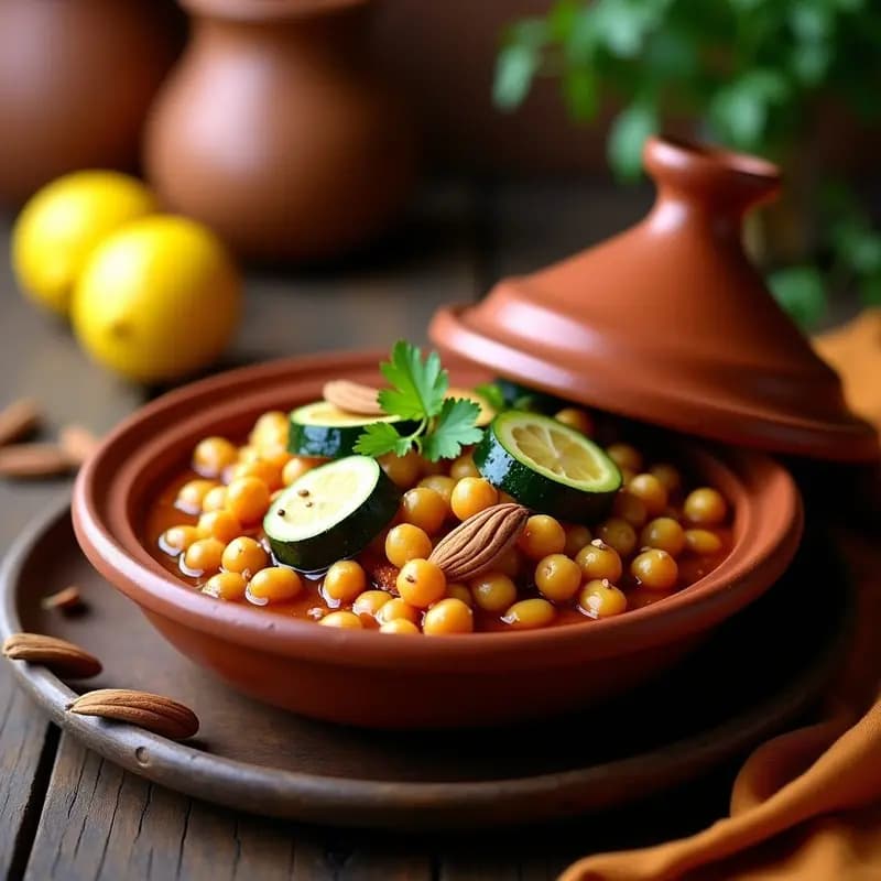 Tajine marroquí de garbanzos y calabacín en olla lenta, con trozos de limón confitado y aceitunas verdes, servido en plato de barro rústico con perejil fresco espolvoreado.