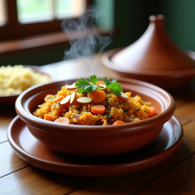 Tajín de pollo de jackfruit vegano servido en un plato de barro rústico, con especias marroquíes, almendras tostadas y perejil fresco. Fondos de aceitunas verdes y tomates secos.