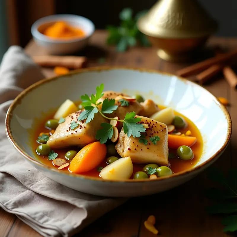 Tajine de pollo con alcachofas en olla rápida, servido en un plato hondo de cerámica blanca con bordes dorados. Pollo dorado en trozos, alcachofas tiernas, aceitunas verdes y almendras tostadas espolvoreadas. Decorado con cilantro fresco y rodajas de naranja amarga. Fondo rústico con especias marroquíes al lado.