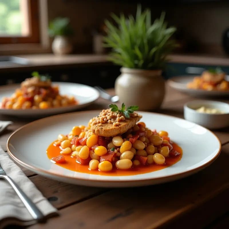 Tajín de pollo persa gourmet en cazuela de barro con almendras fileteadas doradas y semillas de granada rojas vibrantes, decorado con cilantro fresco y limón confitado. Plato tradicional para ocasiones especiales.