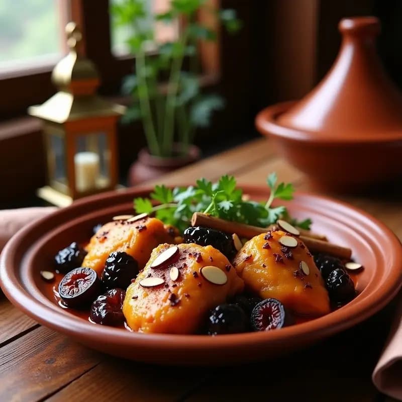 Tajine de pollo dorado con ciruelas pasas brillantes y almendras tostadas, servido en una olla de barro tradicional marroquí con especias visibles y cilantro fresco espolvoreado.