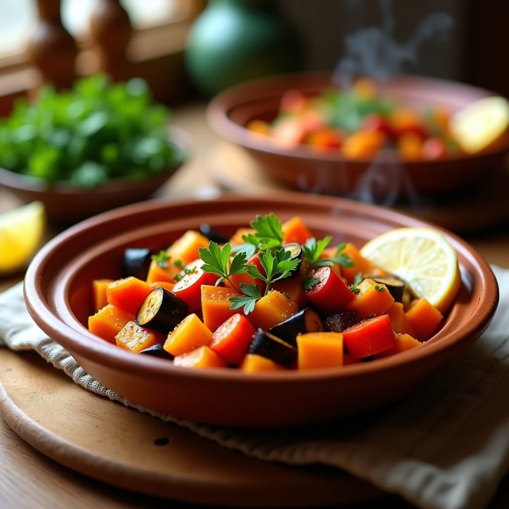 Plato hondo de barro con tajín de vegetales al vapor: calabaza, berenjena, zanahoria y pimiento rojo bañados en especias marroquíes doradas, decorado con perejil fresco y gajos de limón. Receta de olla exprés rápida y vegana.