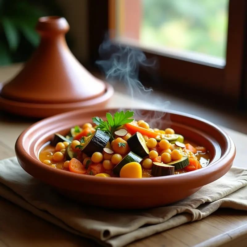Tajín de barro con tagine de verduras con garbanzos y limón preservado, decorado con almendras tostadas y cilantro fresco, servido sobre una mesa rústica de madera.